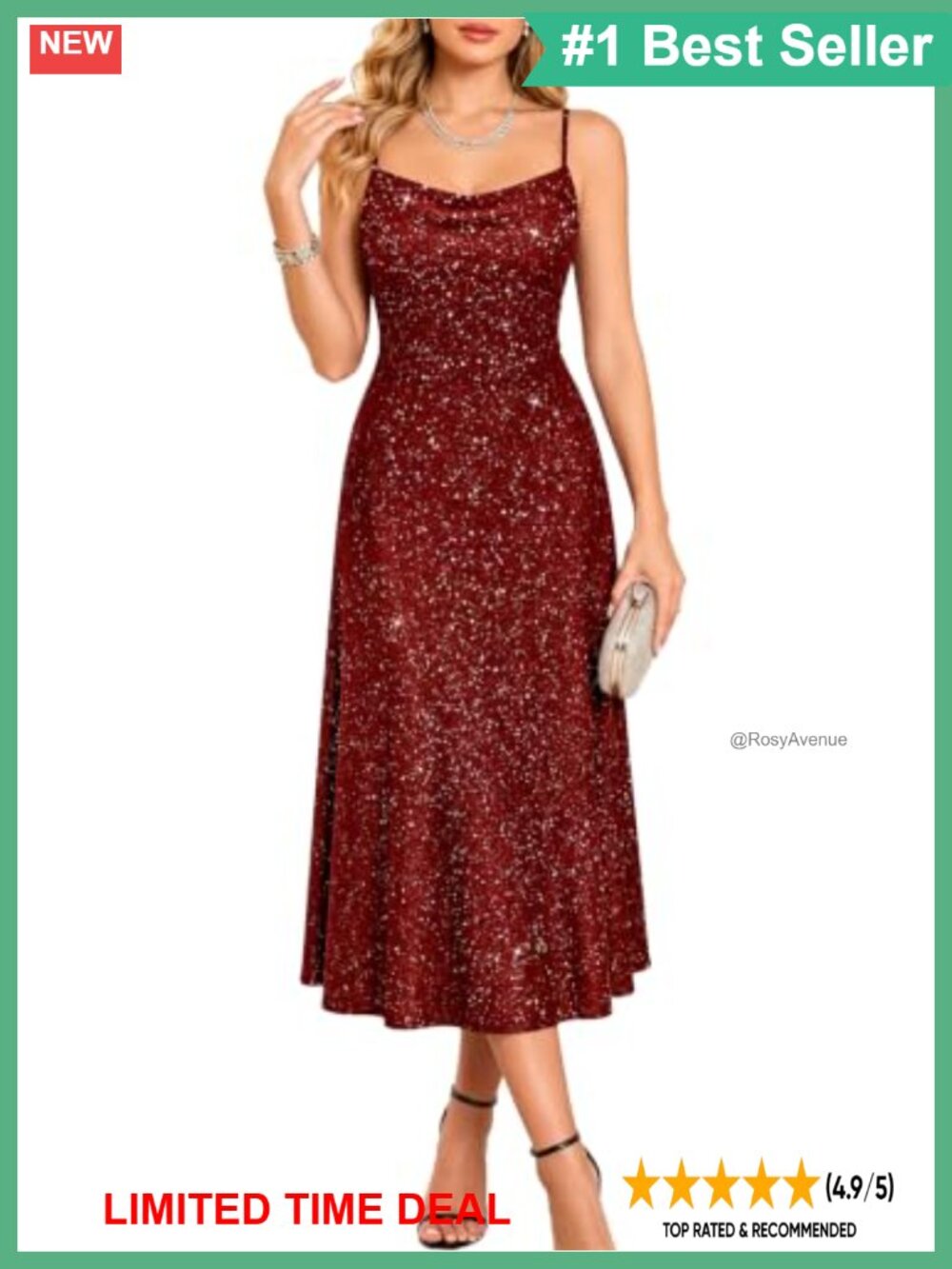 Sequin Cocktail Formal Evening Gown Midi Dress Spaghetti Strap Cowl Neck
